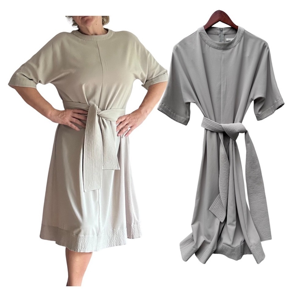 Oak + Fort belt wrap midi beige neutral round neck midi dress